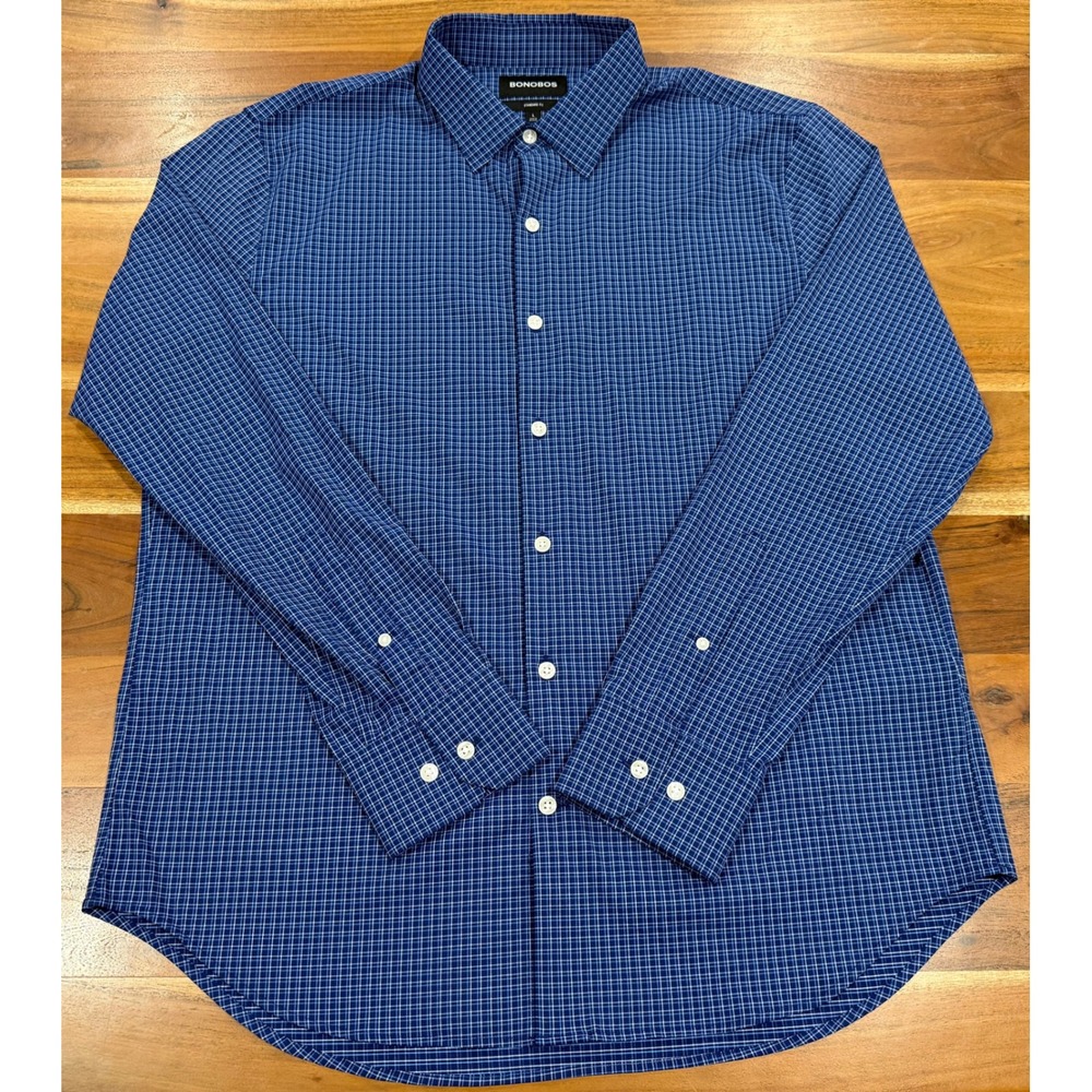Bonobos Mens Blue Micro Check Performance Shirt Standard Fit Large Stretch L/S